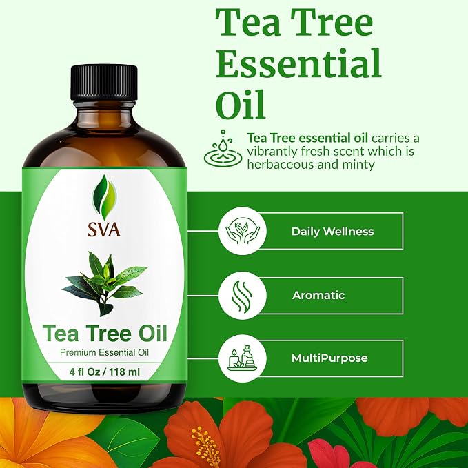 SVA Tea Tree Essential Oil 4 Fl Oz – for Diffuser, Skin & Hair Care – Ideal for Massage & DIY Blends – with Dropper