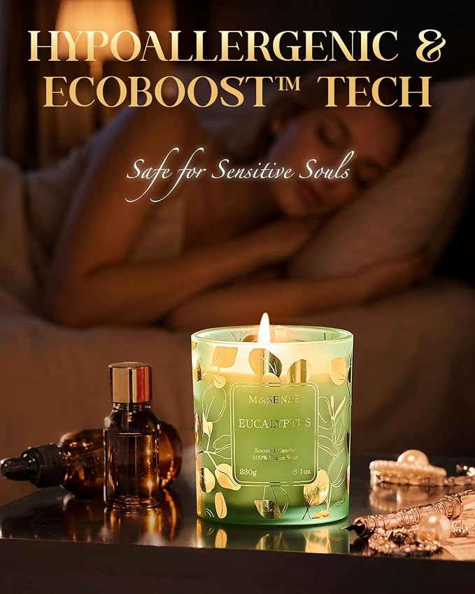 M&SENSE Eucalyptus Soy Candle, 8.1oz 42-Hour No Toxin Slow Burning, Cool Spa Aromatheraphy, Summer Shower Wellness Gift
