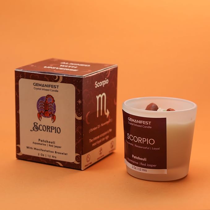 Scorpio Zodiac Candle Scorpio Birthday Gifts for Men Women Patchouli Crystal Candle with Healing Crystals and Manifestation Bracelet Soy Candles for Home Scented