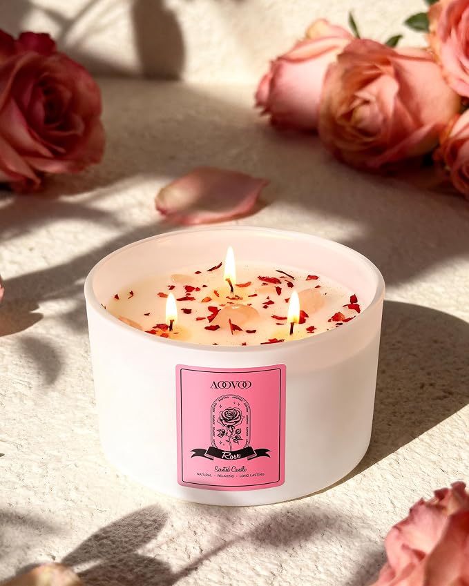 AOOVOO Rose Scented Candles for Women - 20oz 3 Wick Soy Candles for Home Scented, Aromatherapy Candle with Crystals Inside, Birthday Gifts Valentines Day Candle for Women Mom