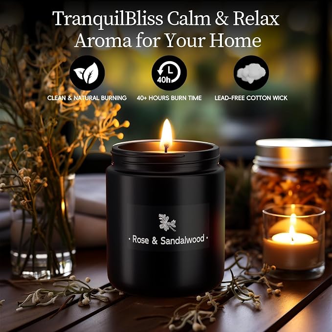 TranquilBliss Rose & Sandalwood Black Scented Candles for Men - 7.6oz Soy Wax Candle for Home Scented - Men Candle Gifts, Father's Day, Christmas Gift for Husband, Boyfriend, Father