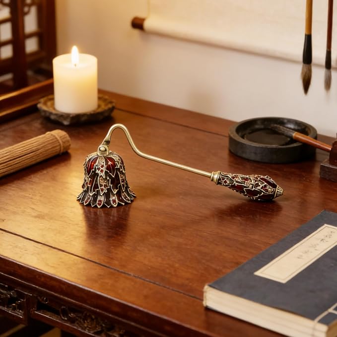 Gold and White Decorative Candle Snuffer with Bell Design and Rhinestone Accents (Burgundy with Gold)