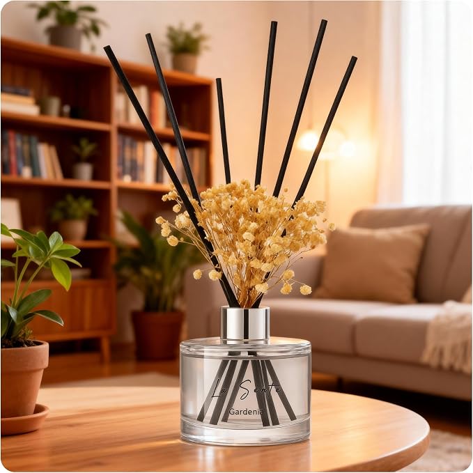 Reed Diffuser Set 6.7 fl oz (200ml) – Natural Gardenia Essential Oil Fragrance with Black Rattan Sticks & Preserved Flowers – Long Lasting Home & Office Decor Scent, Pet Safe