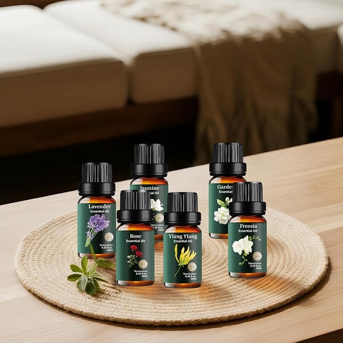 Floral Essential Oils Set Pure, Mumianhua Lavender Rose Jasmine Ylang Ylang Gardenia Freesia – Natural Aromatherapy Gift for Diffuser, Humidifier, Candle & Soap Making, Bedtime Serenity 6x10ml