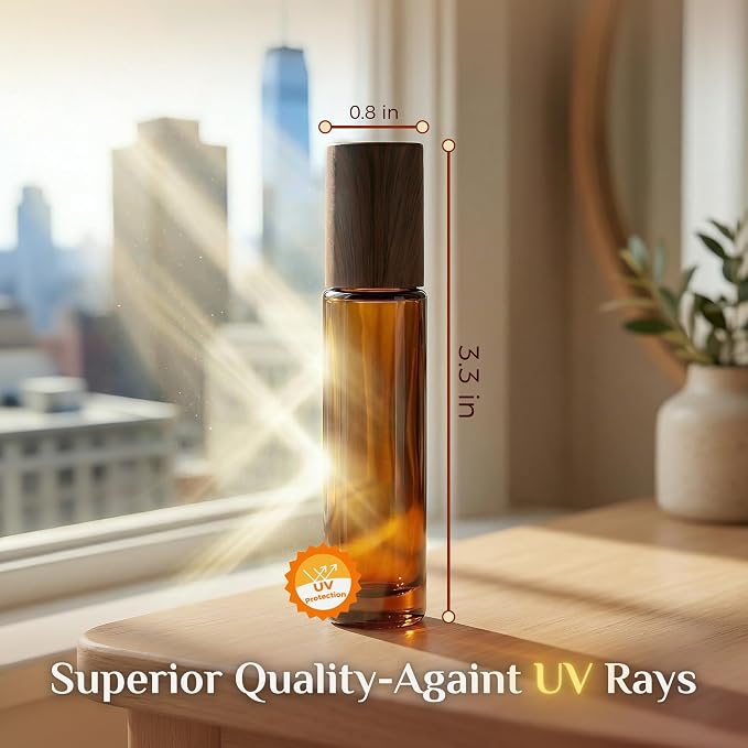 PrettyCare 4 Pack, 10 ml Essential Oil Roller Bottles with Stainless Steel Roller Ball - Refillable Leak-proof Empty Thick Amber Glass Roll on Bottles with Wooden Caps for Travel, Perfume