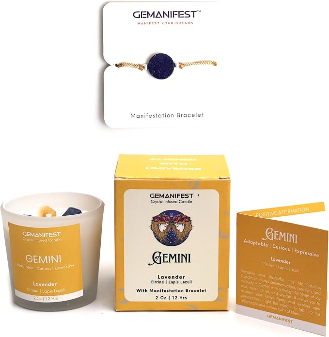 Gemini Manifestation Candle with Lapis Lazuli Bracelet Zodiac Candles with Healing Crystals Gemini Birthday Gifts for Women and Men Spiritual Birthstone Gifts for Candle Lovers