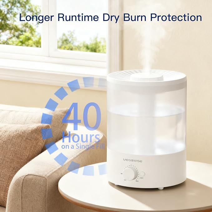 MegaWise Healthy Top-Refill Cool Mist Humidifiers for Bedroom, 24dB Ultrasonic Air Vaporizer with Water Filter for Baby [PP Material], Colorful Night Light,1 Gal Essential Oil Diffuser, Auto Shut Off