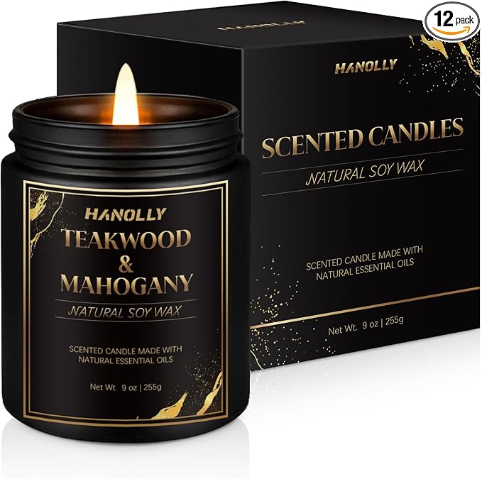 Teakwood & Mahogany Candle, 9 oz Scented Candles for Home Soy Candle Wax, Aromatherapy Candles for Women Men, Birthday Christmas Gifts, Perfect for Creating a Luxurious Ambiance
