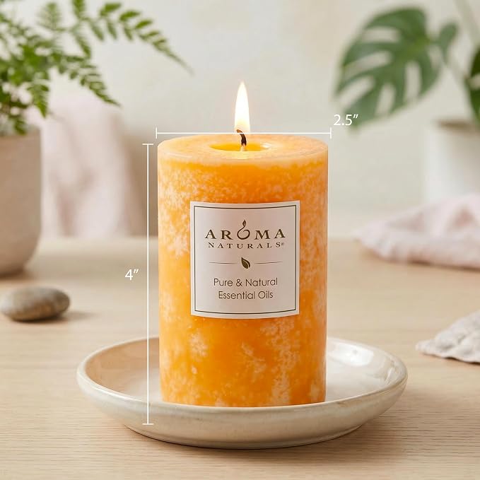 Aroma Naturals Lavender & Tangerine Essential Oil Scented Pillar Candle, Relaxing, 2.5 inch x 4 inch