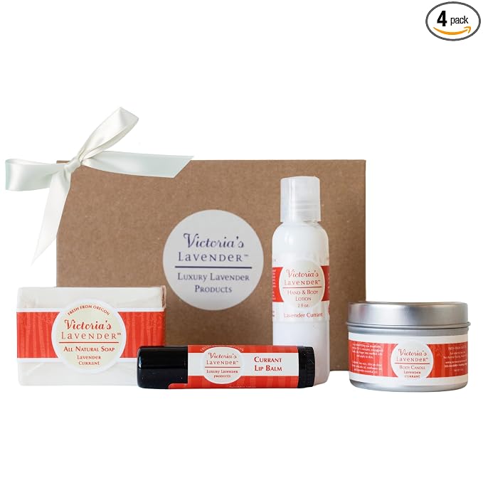 Victoria's Lavender Natural Body Products Gift Set - Handmade Soap, Hand & Body Lotion, Lip Balm, Body Candle Skin Care Set & Kit, Made in USA Lavender Bath & Body Products for Women, Lavender Currant