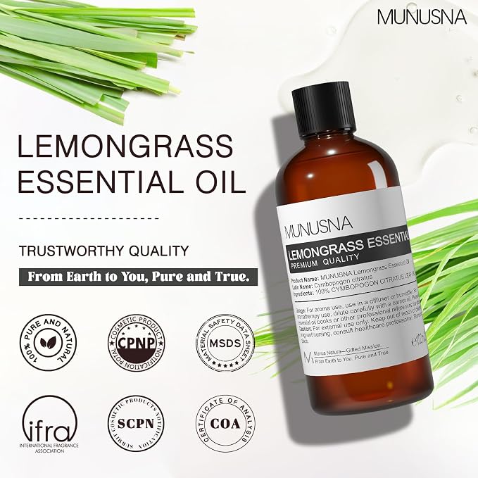Lemongrass Essential Oil, 100% Natural & Pure Lemongrass Oil 100ML, Premium Grade Essential Oils Aromatherapy Scented Oils for Diffusers, Home Care, Skin, Laundry, Spray, Candle Soap Making