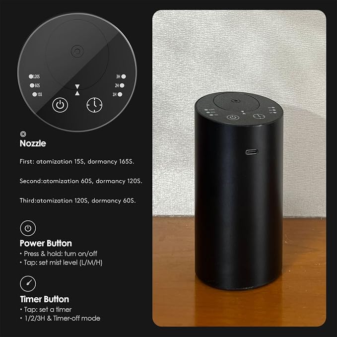 Car Diffuser, Waterless Essential Oil Diffuser with 2000mAh Battery & Timer, Adjustable Mist Cordless Aromatherapy for Car, Portable Air Freshener with Premium Aluminum Alloy & Type-C Charging (Black)