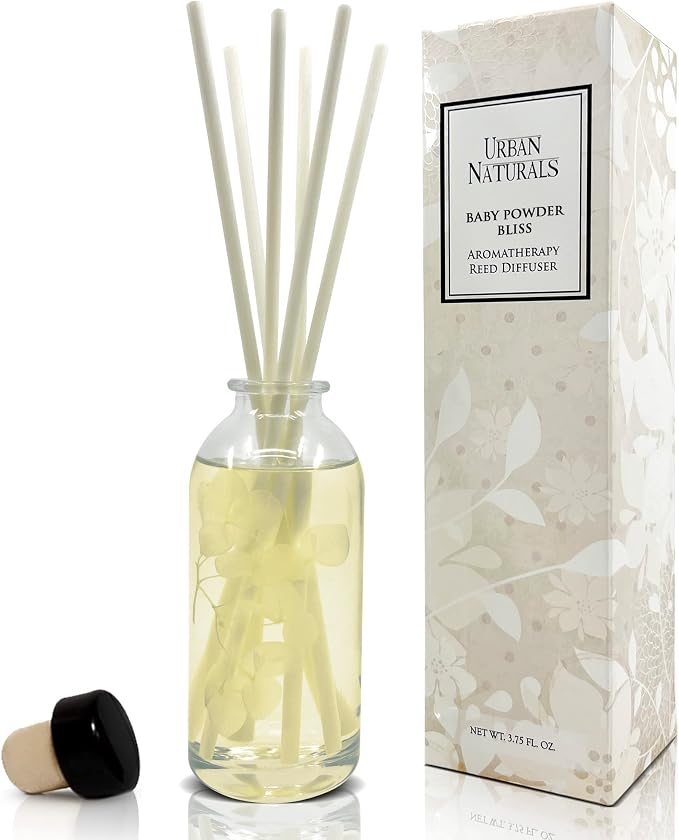 Urban Naturals Baby Powder Bliss Reed Diffuser Set | Made with Essential Oils & Real Botanicals | Powdery Floral Notes, Rose, Geranium, Musk & Cedar | Makes a Great Gift | Made in the USA