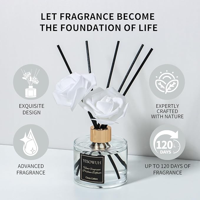 Reed Diffuser Set 5.07oz(150ml), Clean Cotton Scent Diffuser with Sticks, Home Fragrance Reed Diffuser for Home, Long Lasting Home Fragrance for Bathroom, Room Decor