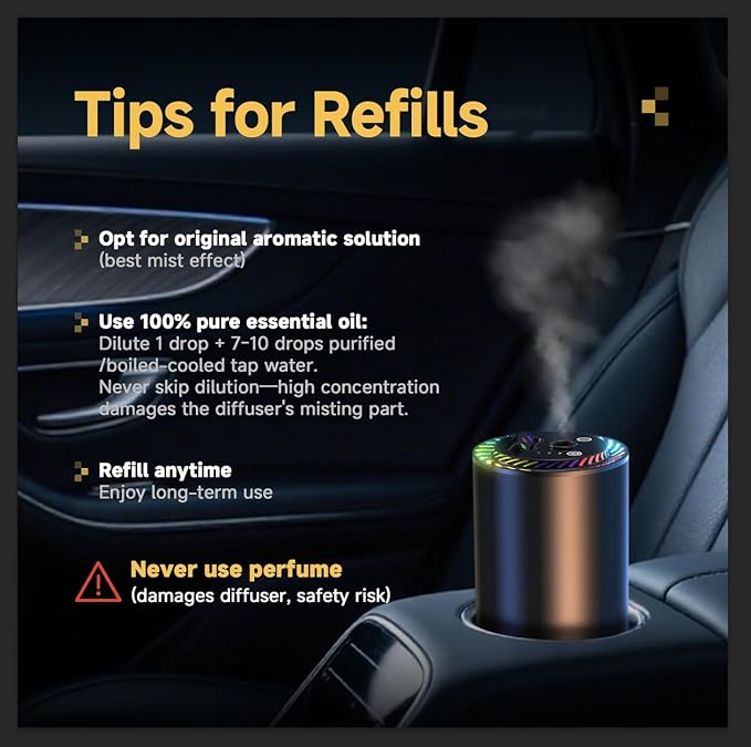 Smart Car Air Freshener with Star Light & Diffusers Oil Refills, Auto On/Off Aroma Diffuser, 3 Adjustable Mist Modes Rechargeable Aromatizante para Carro - Car Diffuser (New Car Smell*4)