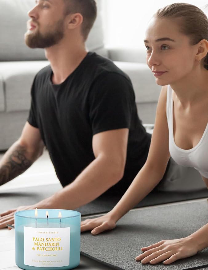 Palo Santo Mandarin Patchouli 3-Wick Soy Candle | 15.8 oz Calming Aromatherapy Candle for Home | Clean Burn Long Lasting | Warm Wood Citrus Scent | Stress Relief Candle Gift for Women & Men