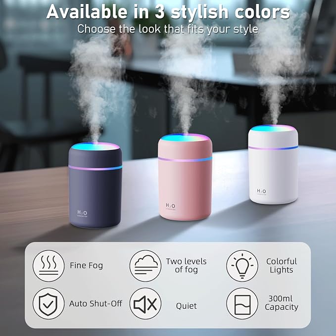 USB Essential Oil Diffuser with 6 Oils, Portable Ultrasonic Aromatherapy Diffuser for Home & Car, Cool Mist, 7-Color LED Night Light, Auto Shut-Off, One-Button Control,3 Colors (White)