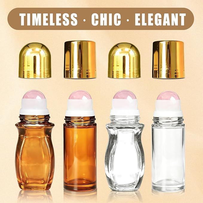 4 Pack Rose Quartz Roller Bottles for Essential Oils, 50ml Refillable Amber Glass Roll On Bottles with Natural Crystal Roller Balls, Leak-Proof Travel Perfume Bottle with Gold Caps