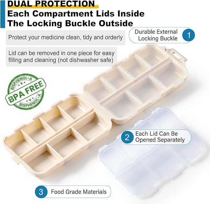 14 Grids Travel Pill Organizer Box with 415-Pcs Medicine Name Labels - Pocket Daily Pharmacy Case Container Kit - Travel Medication Holder Dispenser for Fish Oil Vitamin Supplement Storage - Khaki