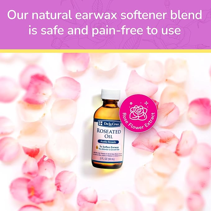 De La Cruz Roseated Oil - Natural Ear Wax Softener Blend with Rose Flower Extract - Ear Wax Aid - Made in the USA - 2 Fl Oz