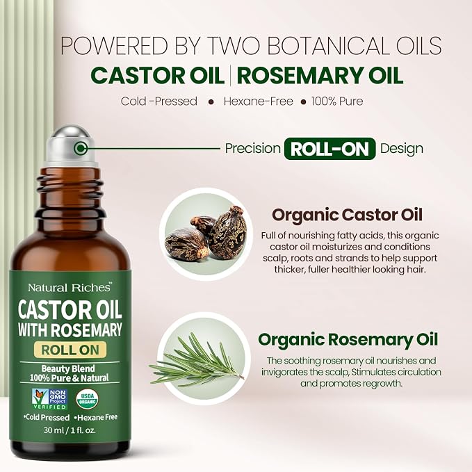 Natural Riches Organic Castor Oil with Rosemary Roll On for Hair Growth & Skin Care - Essential Oil Roller for Eyebrows, Eyelashes - Cold Pressed & Hexane Free Formula - 1 fl oz