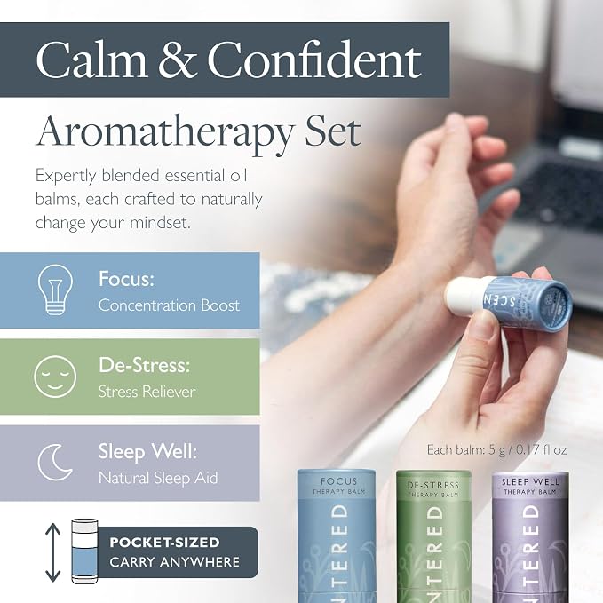 Scentered Aromatherapy Balm Gift Set - Calm & Confident (Pack of 3) - Sleep Well, De-Stress, Focus - Rosemary, Cedarwood, Lavender Essential Oils - Aromatherapy Gifts for Women