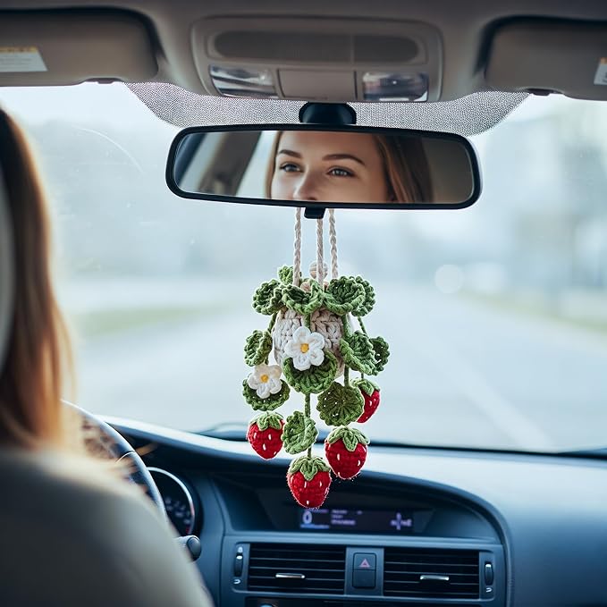 Crochet Car Air Freshener Hanging, Cute Hanging Plant for Cars, Crochet Strawberry Plant with 10ml Empty Refillable Oil Diffuser Bottle, Handmade Boho Car Ornament Charms for Rear View Mirror, Red