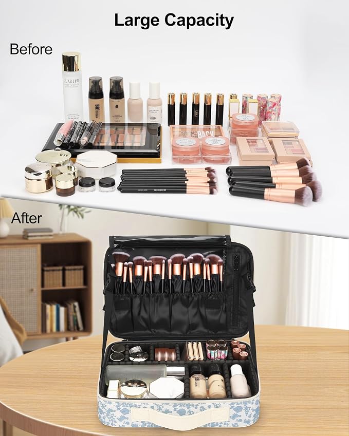 Relavel Makeup Bag Travel Train Case for Women and Girls, Cute Cosmetic Storage Organizer Box Portable Shoulder Bag with Adjustable Dividers and Makeup Brush Comparment, Floral Print