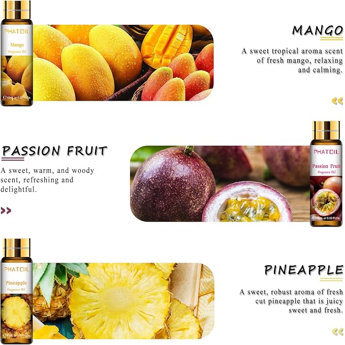 PHATOIL 9Pcs Fruity Fragrance Oil Gift Set, 10ml/0.33fl.oz Fragrance Oils for Soap, DIY Candle, Bath Bombs Making, Fruit Scented Oils for Diffusers for Home