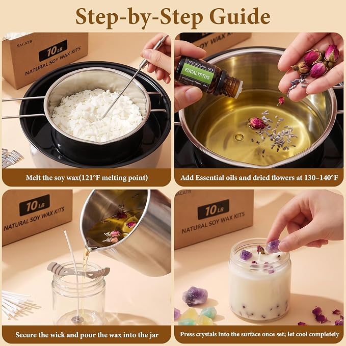 SACATR 10LB Soy Wax Candle Making Kit,Natural 100% Soy Wax for Candle Making, with Essential Oils, Raw Crystals,Dried Flowers,Wicks,Candle Making Supplies for DIY Scented Candles,Holiday Gifts