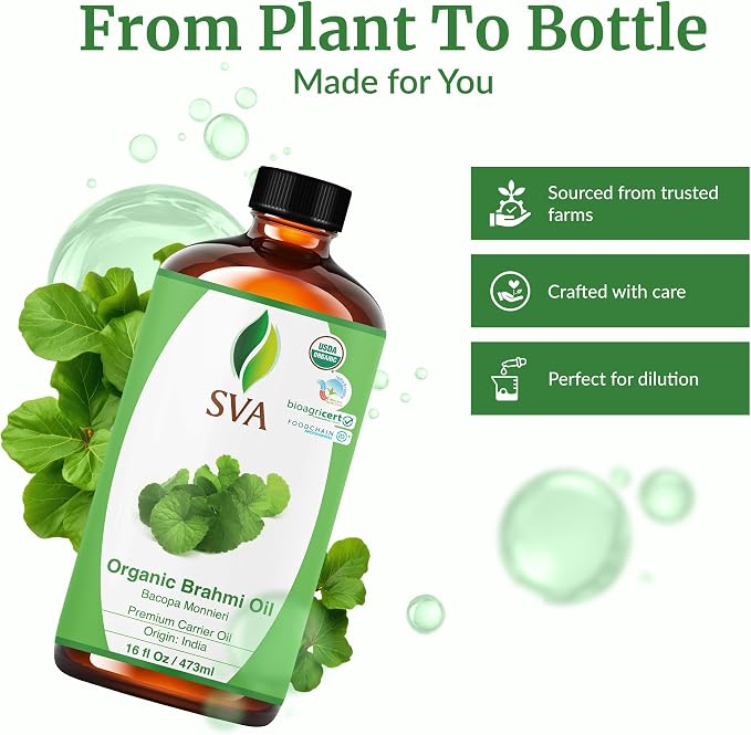 SVA Brahmi Oil Organic - 16 Fl Oz – 100% Natural Cold Pressed Organic Brahmi- for Face, Skin Care, Hair Care, Scalp Massage & Body Massage – Carrier Oil