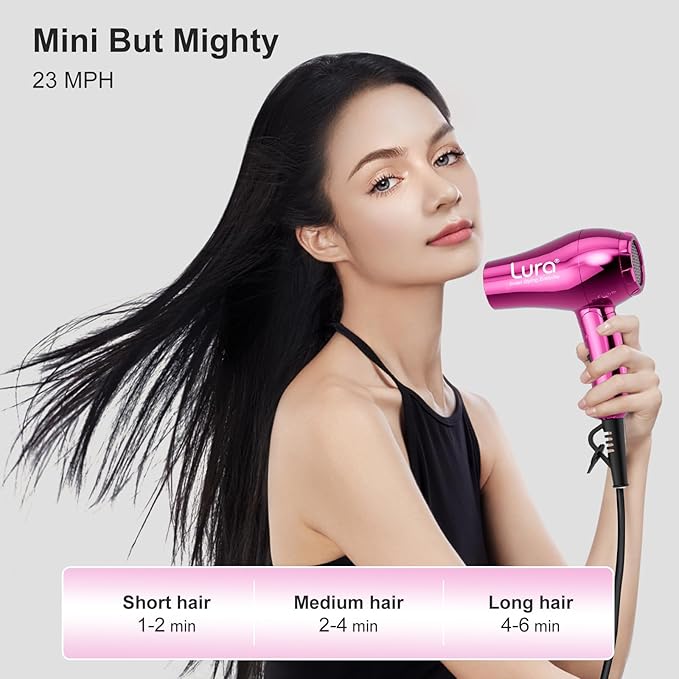 LURA Mini Portable Travel Hair Dryer:Dual Voltage Small Lightweight Blow Dryer with EU Plug,1200W Compact Hairdryer with Folding Handle,with Concentrator&Diffuser Attachment,for Women and Men(Purple)