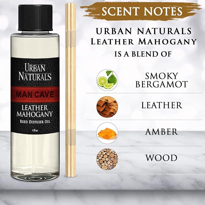 Urban Naturals Leather Mahogany Scented Oil Reed Diffuser Refill | Includes a Free Set of Reed Sticks! Masculine Blend of Smoky Bergamot, Leather, Spice, Amber and Wood – 4 oz. Made in the USA