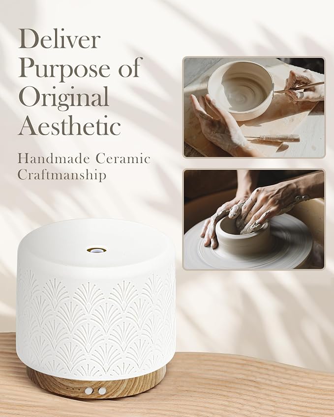 Essential Oil Diffuser - 280ml Ceramic Diffuser for Large Room & Commercial Use, 2.4MHz Aromatherapy Diffuser with Cool Mist Humidifier & Night Light, Ideal for Bedroom, Office, Yoga, Spa, Gifts