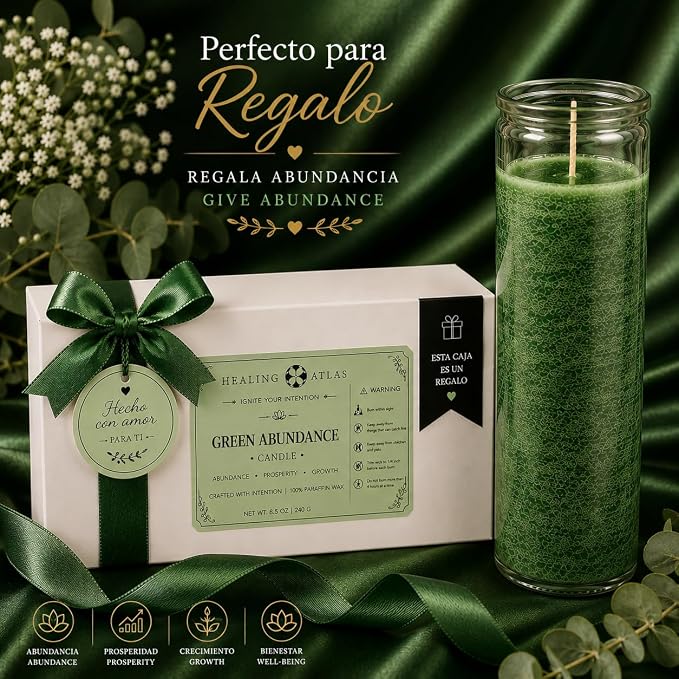 Green Abundance Manifestation Candle Kit – 8" Ritual Prayer Candle with Intention Scrolls, Pencil & QR Guide for Prosperity, Wealth, Success & Abundance