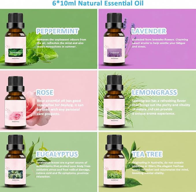 Oil Diffuser & Essential Oils Set - Oil Diffuser 150ml with 6 Essential Oils Set, Aromatherapy Cool Mist Oil Diffusers for Essential Oils, Auto Shut-Off，7 Colors Night Light,Gifts for Mom
