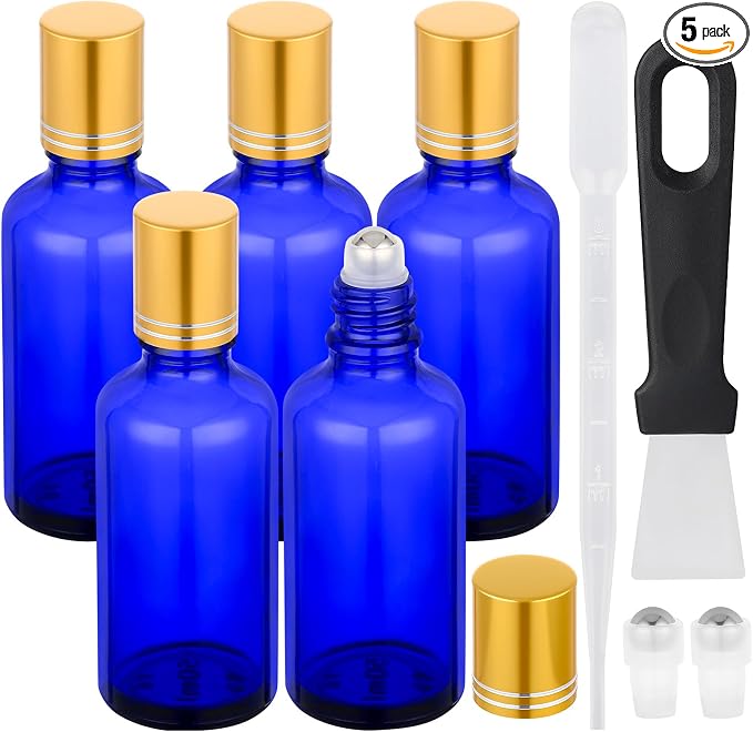 Segbeauty 1.7oz Thick Glass Refillable Roller Ball Applicator for Oil, 5pcs Blue Perfume Roller Bottles for Essential Oils, 50ml Empty Roll On Bottle for Eye Essence, Glass Perfume Rollerball Bottles