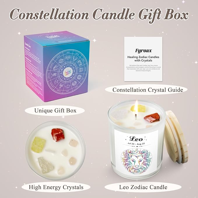 Leo Gifts for Women, Zodiac Leo Candle with Healing Crystals, Astrology Birthday Gifts for Womenr, Mom, Sister, Friends, Meditation, Yoga, Relaxation (7oz)