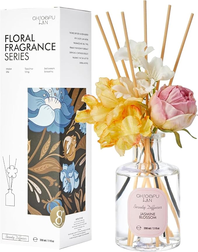 Flowers Reéd Diffuser for Girls Room Decor, 6.7oz with 9 Sticks, Jasmine Blossom Scent Diffusers for Home, Scentsy Home Fragrance, Scented Oils, Home & Bathroom Décor