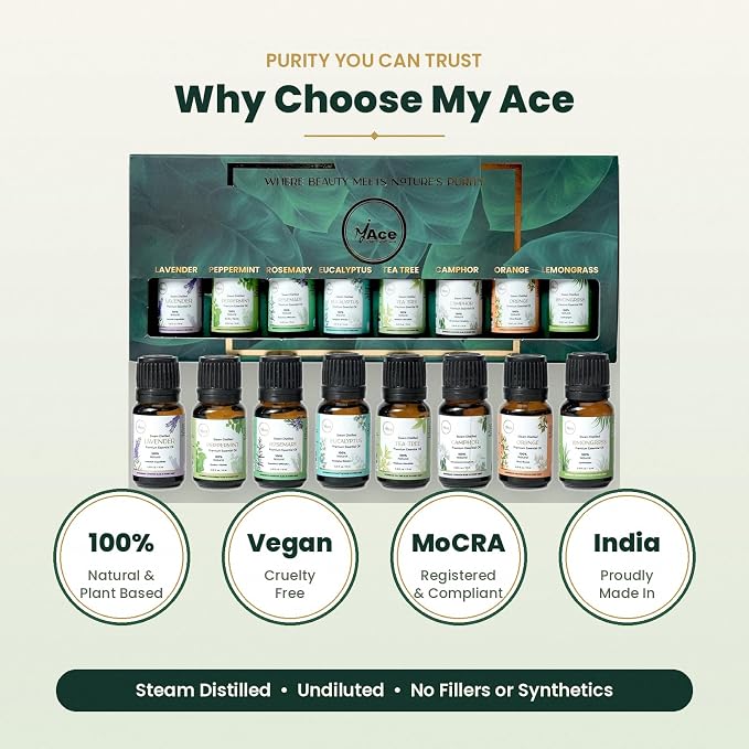 My Ace Essential Oils Aromatherapy Set of 8x0.33 Oz for Diffuser, Massage, Skin, Hair, Candle & Soap Making, Home - Peppermint, Lavender, Eucalyptus, Tea Tree, Rosemary, Camphor, Lemongrass, Orange