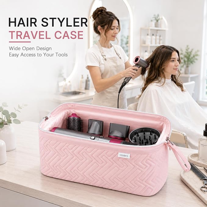 Leudes Hair Tools Travel Bag for Shark Flexstyle Carrying Case Portable Shark Hair Air Wrap Dryer Case Waterproof Dustproof Flat Curling Iron Travel Organizer (Pink+Heat Resistant Mat)