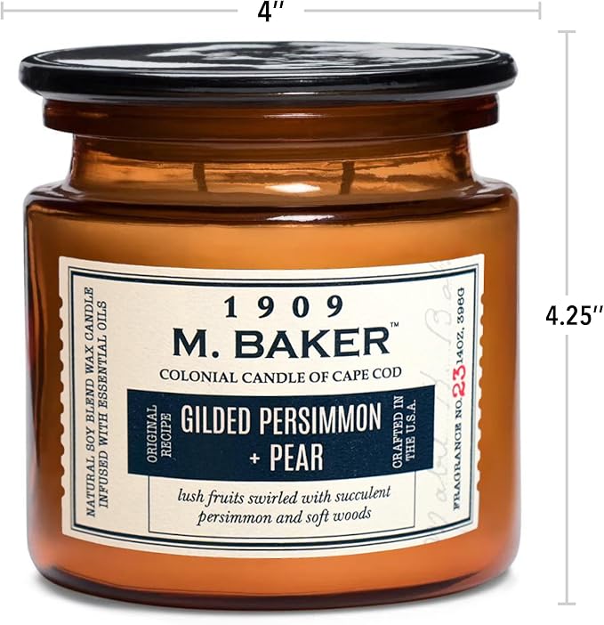 Colonial Candle Gilded Persimmons & Pear Scented Candle, 2-Wick Natural Soy Blend Wax Candle Infused with Essential Oils, 14 oz Apothecary Glass Jar Candle - Made in The USA