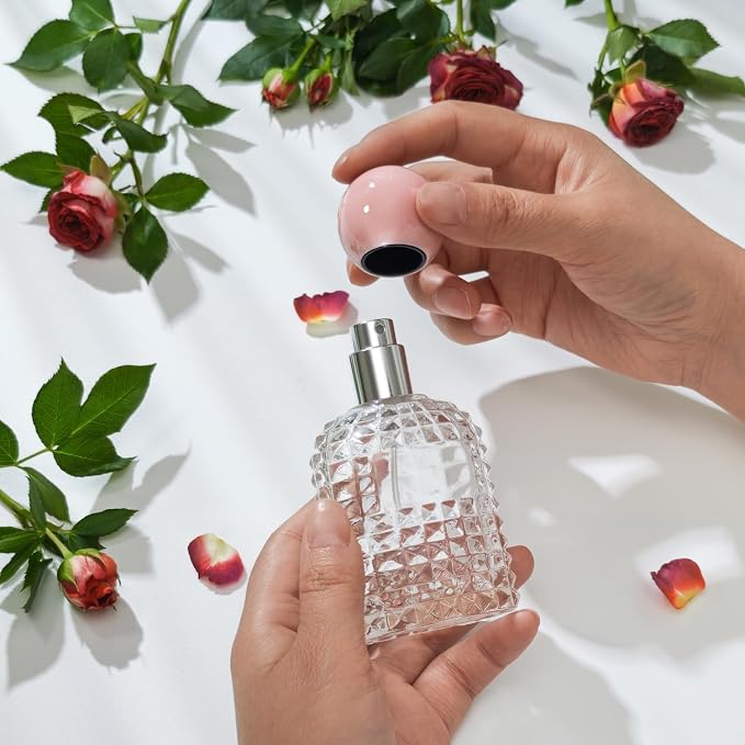 50ml/1.7 Oz Glass Spray Bottle Perfume Atomizer,Vintage Glass Perfume Travel Refillable Spray Bottle Empty with 3 Kinds of Dispenser (Pink)