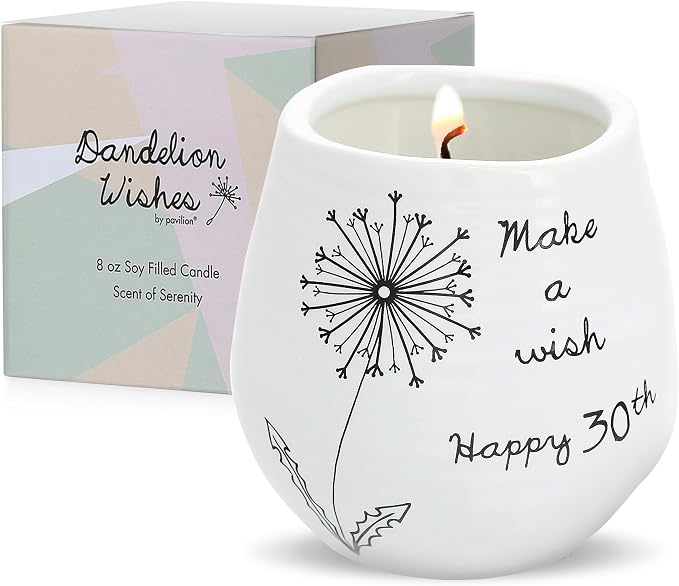 Pavilion Gift Company - 8 Oz Candle Holder - White Ceramic Candle Jar with 100% Soy Wax Candle Serenity Scent "Make a wish Happy 30th" Ideal Gift for Loved Ones - Printed Text, Love Theme & Oval Shape