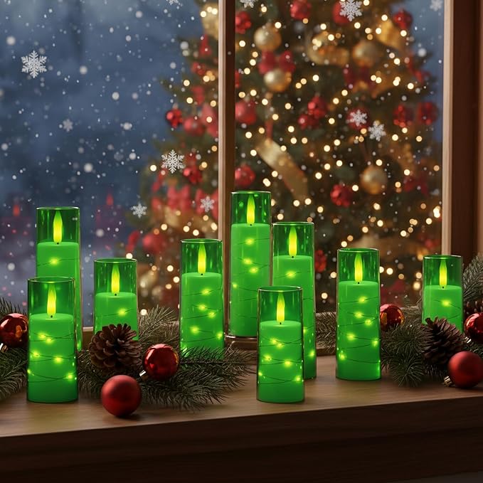 Raycare St. Patrick's Day Flameless Candle with Remote Timer – 5 Flickering Acrylic Battery Operated LED Pillar Candles with Embedded Star String for Christmas, Home Decor, and as a Gift(Green)