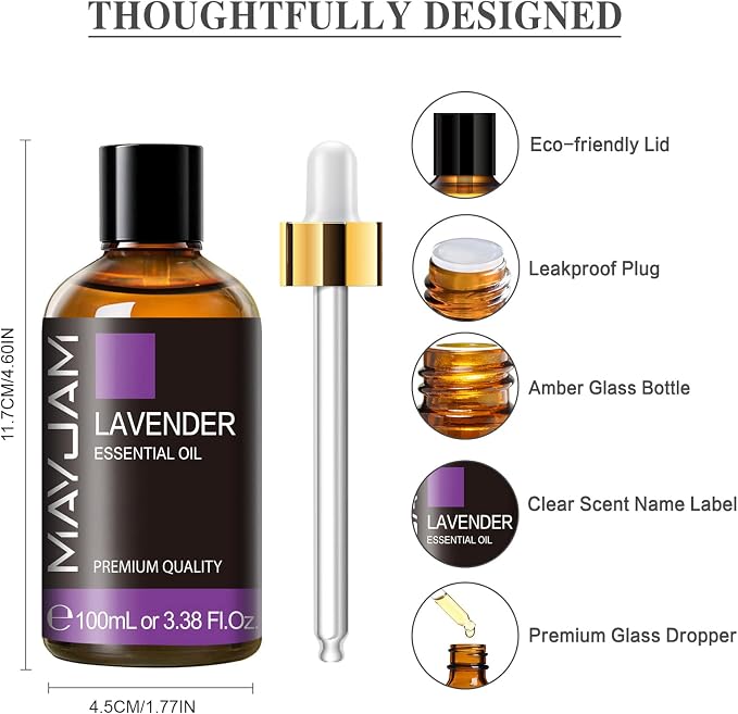 Lavender Essential Oil 100ML, MAYJAM Essential Oils for Diffusers, Massage, Lavender Oil for Soap Candle Making, Huge 3.38FL.OZ Bottle
