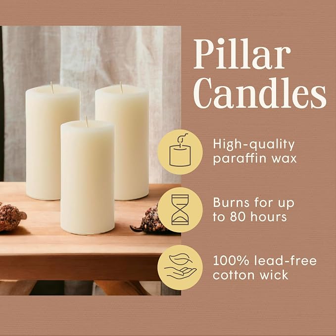 Mister Candle Dripless Unscented Pillar Candles, Set of 3 Hand Poured Ivory Pillar Candles, Solid Color Non-Scented Candles for Home Decor, Premium Wax, 80 Hr Burn Time, 3x6 Inch