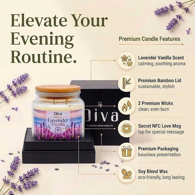 DV DIVA Lavender Vanilla Scented Soy Wax Candle Gift 14oz Anniversary, Valentine & Birthday Gift Luxury Large Candle with Hidden NFC Love Message Soft Fragrance for Home Decor & Relaxing Ambiance