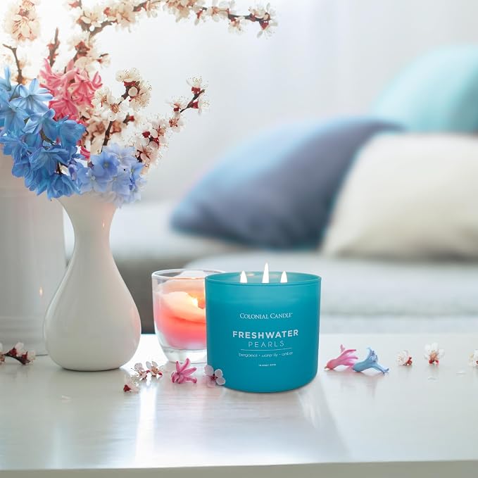 Colonial Candle Freshwater Pearls Scented Jar Candle, Pop of Color Collection, 3 Wick, 14.5 oz - Up to 60 Hours Burn