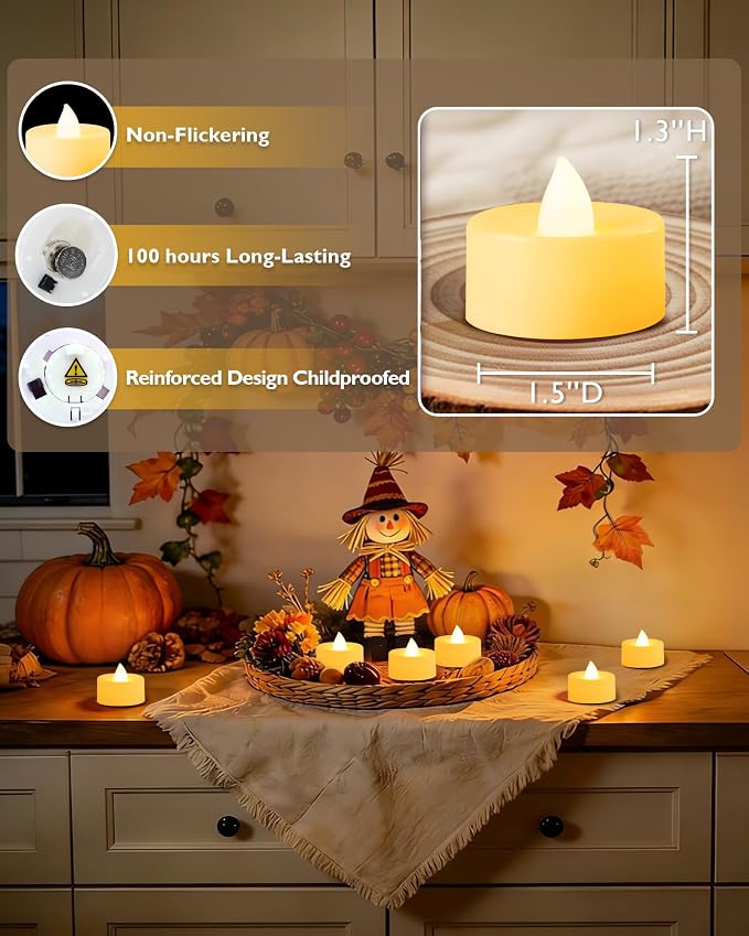 Amagic 12/24/50/100/150 Pack Battery Operated Tea Lights Candles, Fake Tealights Candles, Flameless LED Tea Lights for Halloween, Wedding, Votive, Festival, Table Decor(12 Pack, Warm White)